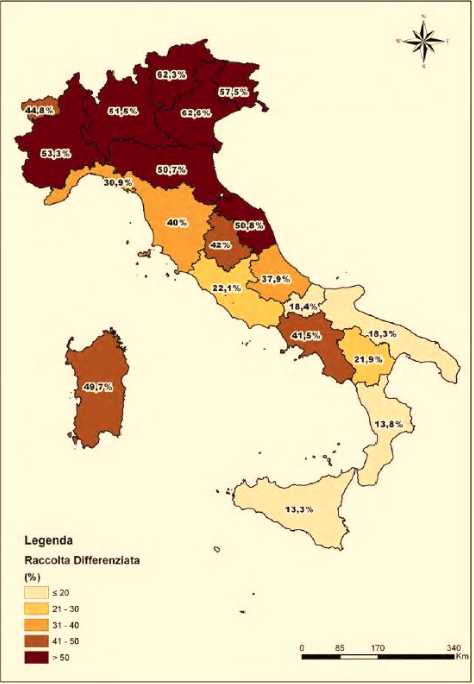 Mappa dell'Italia divisa in regione con la percentuale per ognuna di raccolta differenziata