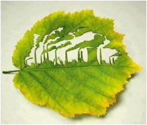 Foglia di albero con all'interno un disegno fatto a fabbriche che emettono inquinamento
